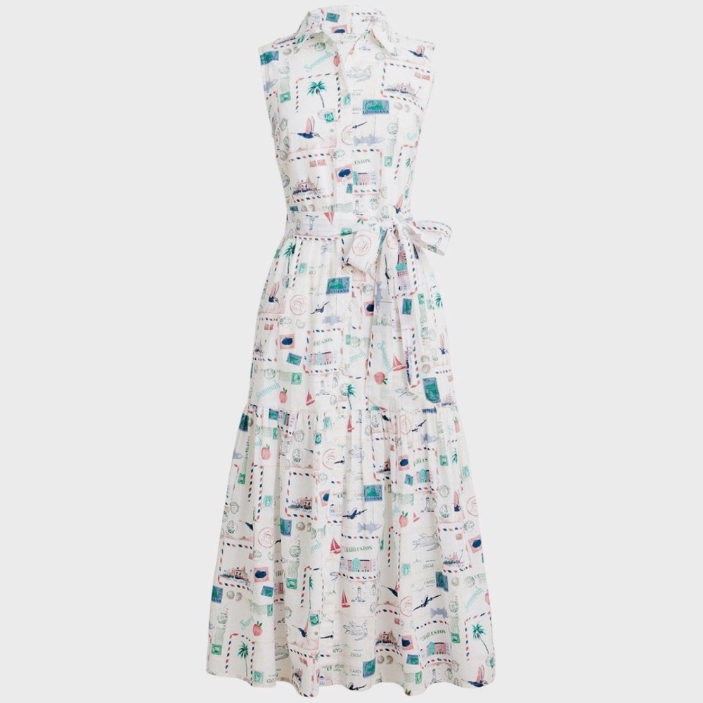 NWT J. Crew 12 Sleeveless Button-Front Map Print Collared Midi Dress Postcard